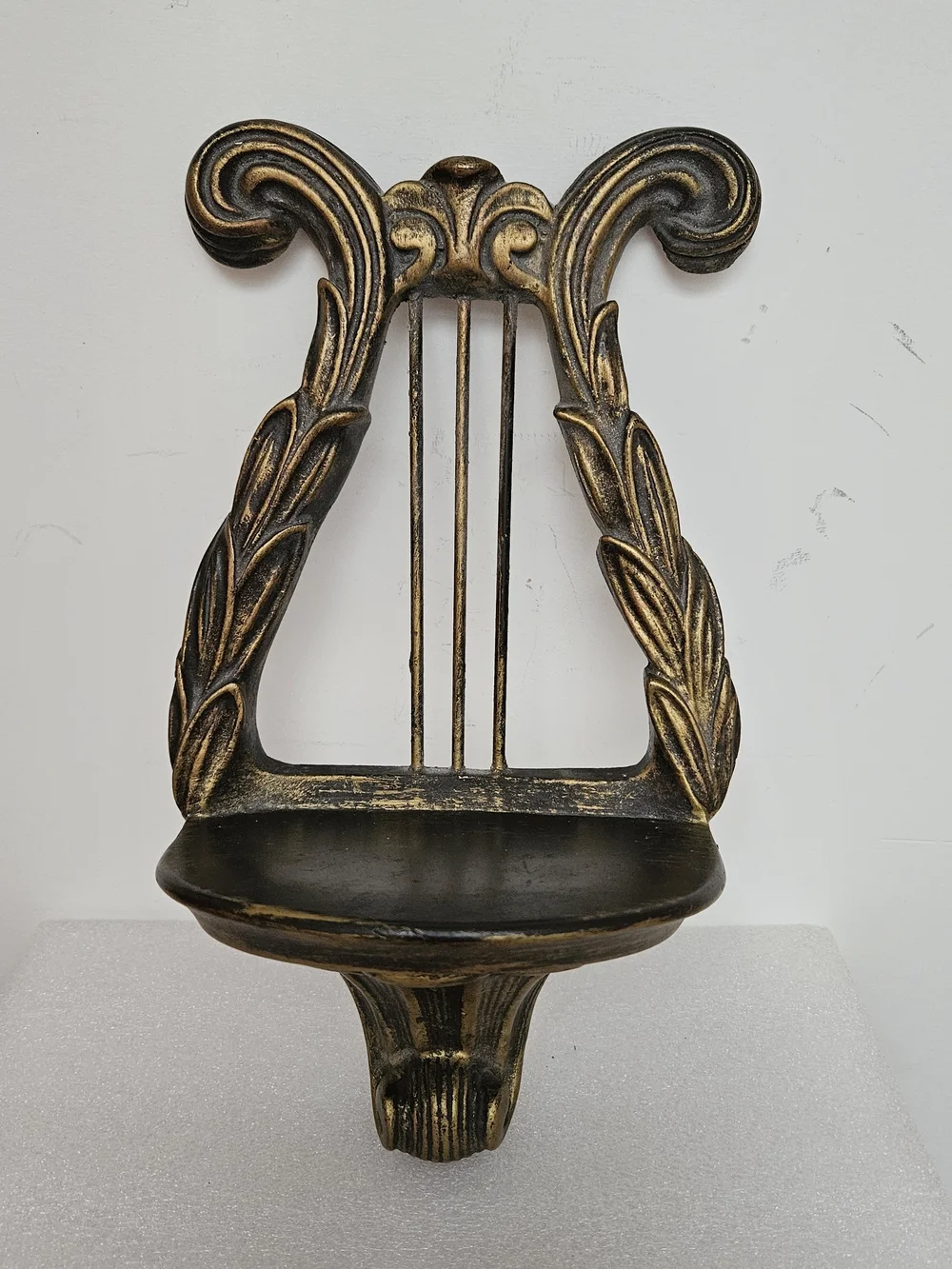 Vintage Chalkware Lyre Harp Shaped Wall Shelf~Bronze Tone 12